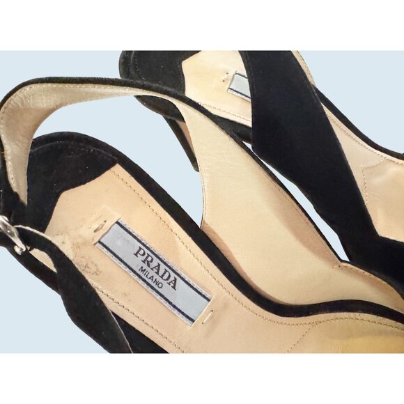 PRADA Black Suede Open Toe Adjustable Sling Back Heel Size 7.5 - Picture 3 of 9